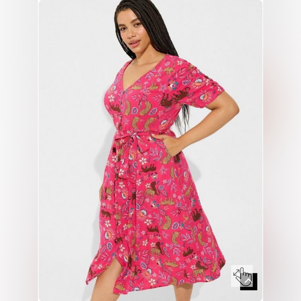 Torrid Pink Leopard Midi Rayon Slub Button Front Tie Dress Women’s Size 4X - Picture 4 of 10